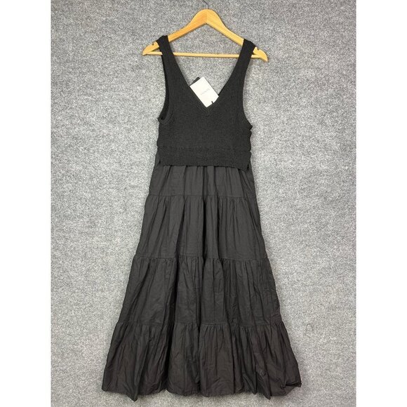 NEW En Saison Mixed Media Knit Poplin Tiered V-Neck‎ Maxi Dress Black Sz M - Picture 1 of 10